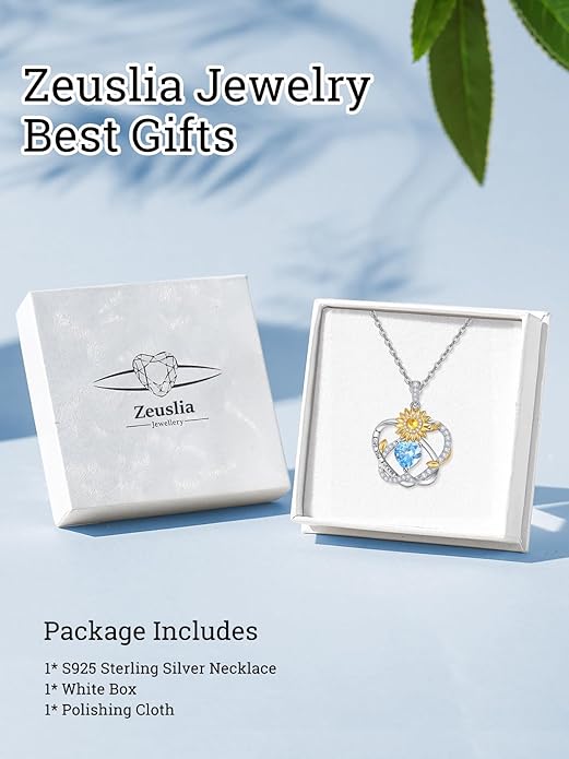 Zeuslia Double Birthstone Necklace Gifts for Wife - 925 Sterling Silver Sunflower/Rose/Crown Cross/Compass/Heart Pendant I Love You Necklace, Anniversary Birthday Gifts for Wife Girlfriend Mom Her