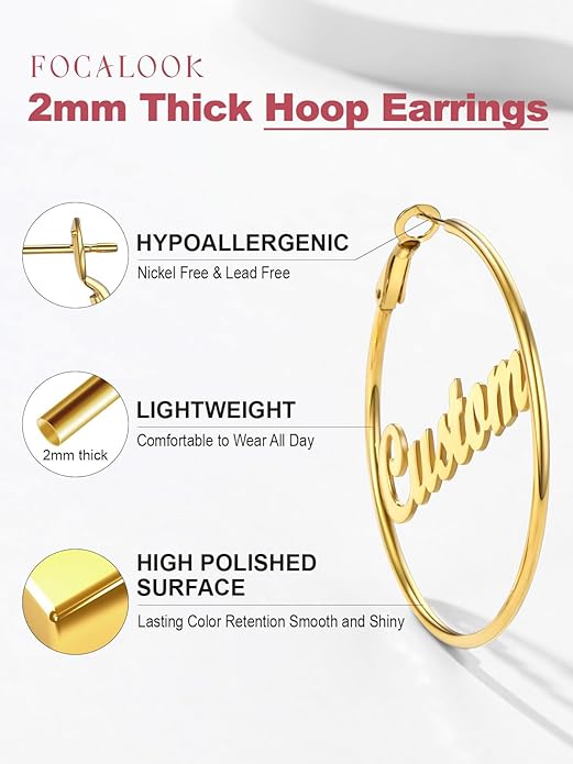 FOCALOOK 14K Gold Plated Lightweight Large Hoops| 2mm Thin Hoop Earrings for Women 30/40/50/70/100mm