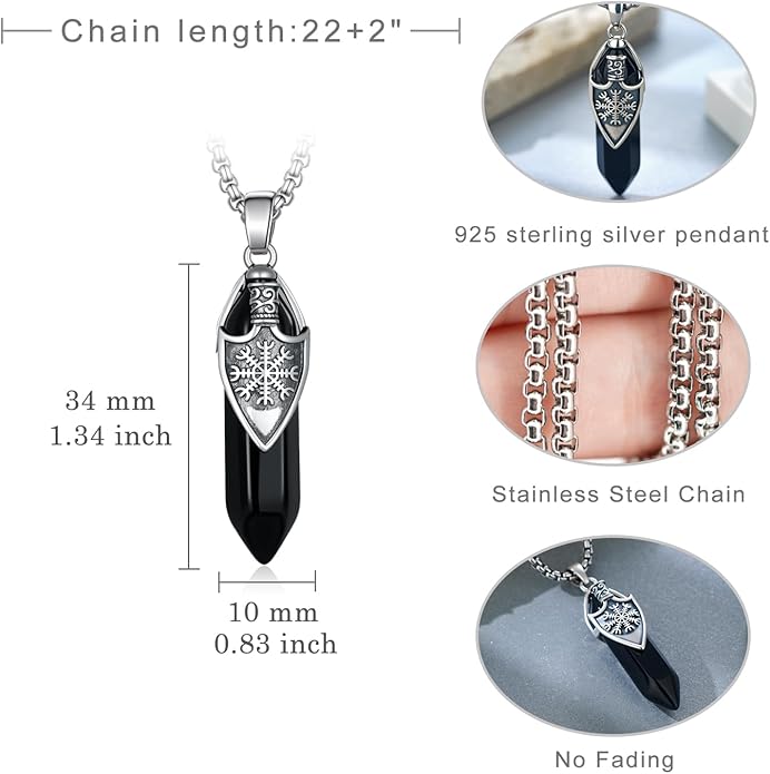 Tiaxiemo Viking Necklace for Men 925 Sterling Silver Black Obsidian Viking Necklace Norse Jewelry Gifts for Men