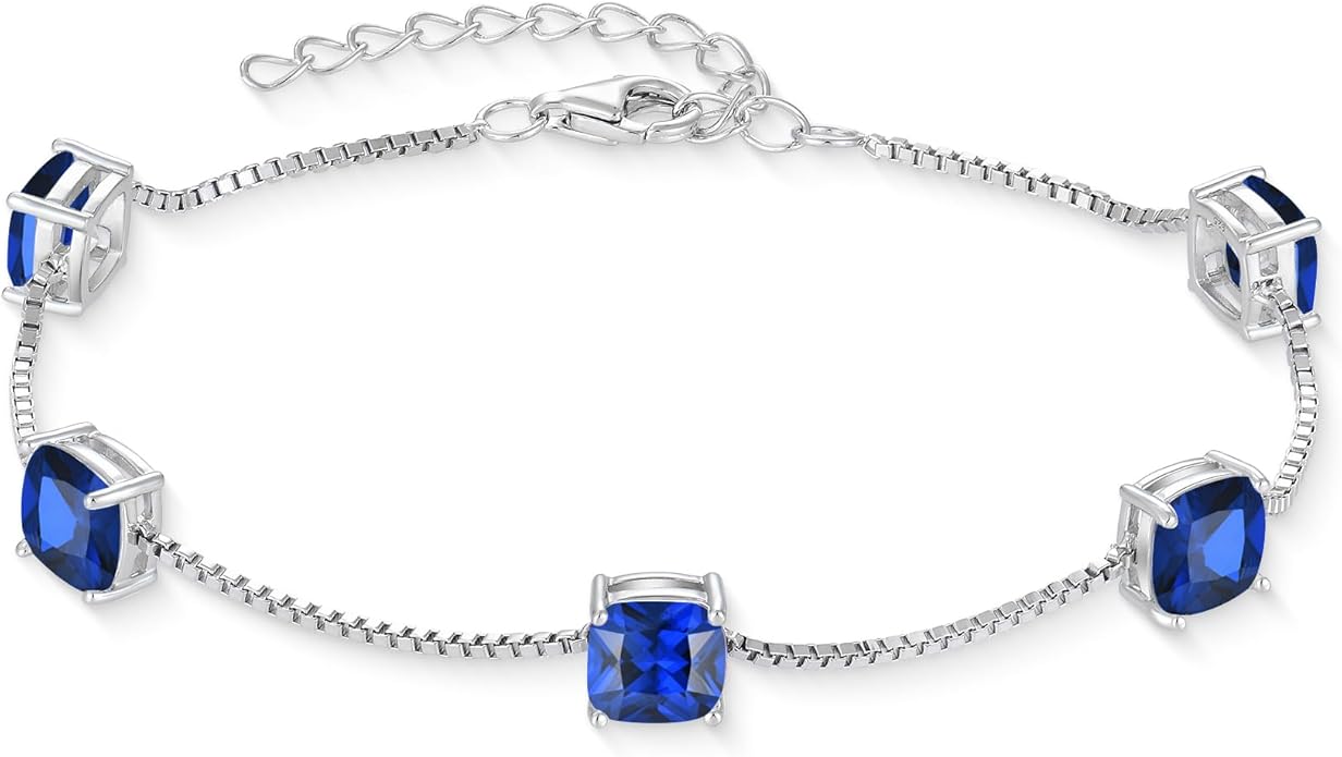 Birthstone Bracelet for Women 925 Sterling Silver Dainty Princess Cut Link Bracelet Jewelry Gifts for Her