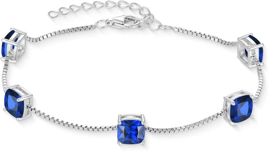 Birthstone Bracelet for Women 925 Sterling Silver Dainty Princess Cut Link Bracelet Jewelry Gifts for Her