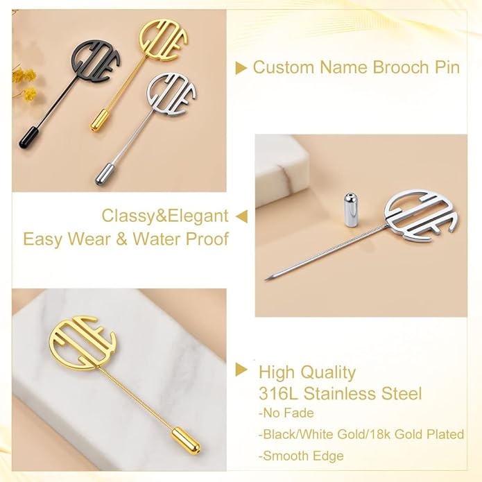 Custom4U Custom Name Pin Personalized Brooch Pins for Women Men Stainless Steel Name Tag with Letters/Initials - Silver/Gold/RoseGold/Black Customized Jewelry Gifts for Birthday Wedding Business Party