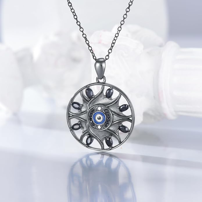 Evil Eye Necklace for Women 925 Sterling Silver, Protection Necklace with Blue Evil Eye Charm, Evil Eye/Lotus Pendant Jewelry, Birthday Christmas Gifts for Her