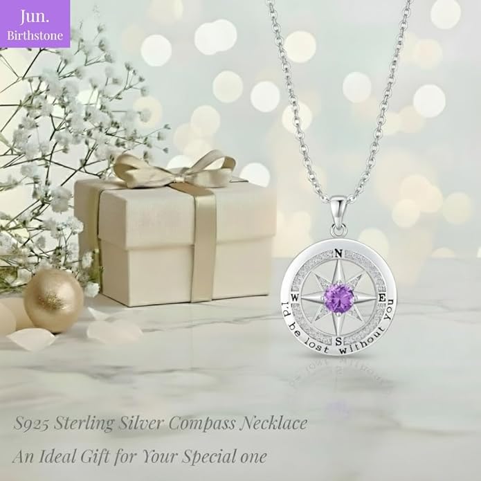 Compass Necklace for Women Wife Girlfriend Mom Daughter Gifts S925 Silver Jewelry For Anniversary Rose Gold Gifts For Birthday Christmas Mothers Valentines Day 12 Birthstones