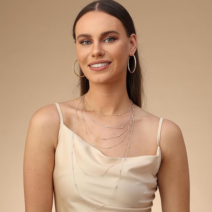 2.9MM Round Lab Created Moissanite Bezel Set Station Chain Necklace In 14k Gold Over Sterling Silver 16'' To 36" (0.60 Ct To 1.60 Ct), Mother's Day Gift For Her