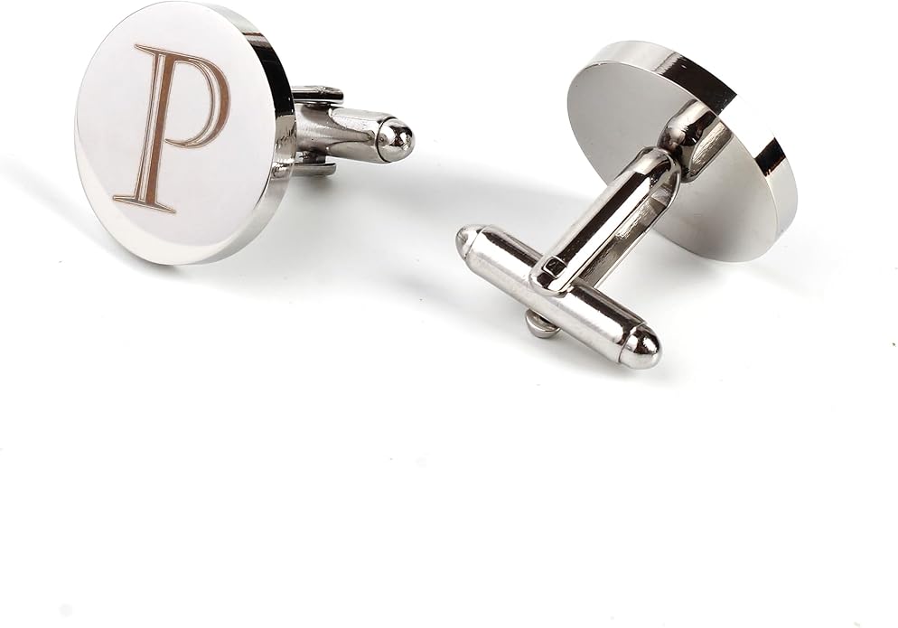 Mens Initial Silver Cufflinks A-Z Alphabet Letter Steel Cuff Links with Engraved Walnut Wood Box Groom Groomsman Wedding Set…