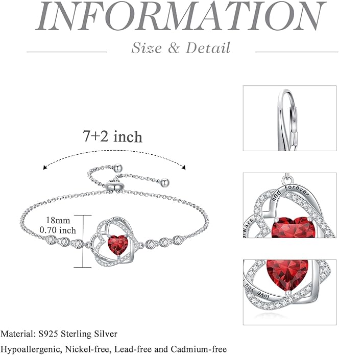 TOUPOP Heart Birthstone Bracelet 925 Sterling Silver Double Heart Bracelet Love You for Always and Forever Jewelry Anniversary Birthday Christmas Gifts for Women Wife Her