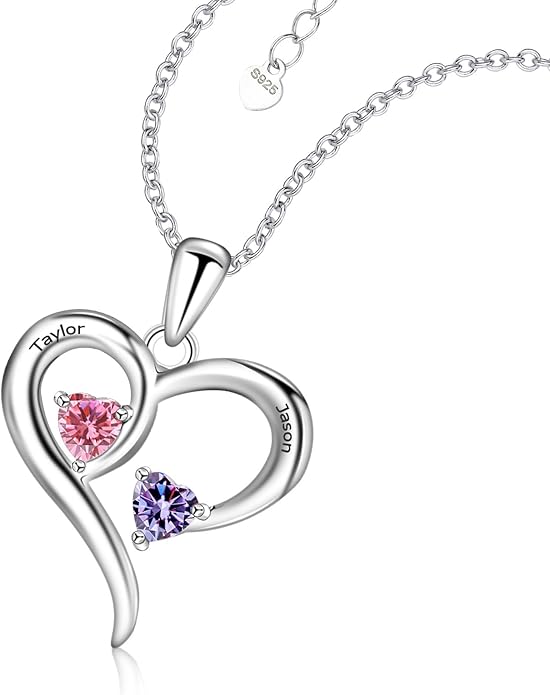 JOBFLY S925 Sterling Silver Customized 2 Birthstone Heart Necklace with 2 Name Engraved Personalized Mother Daughter Necklace Couple Jewelry Christmas Birthday Gift