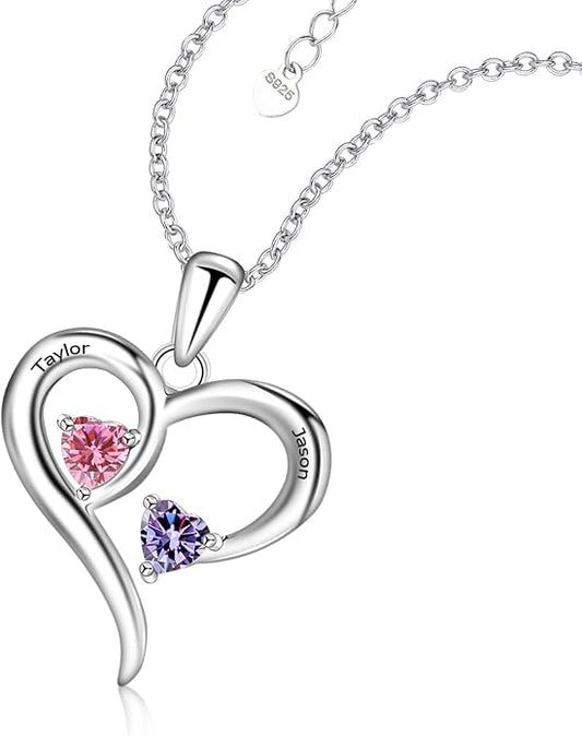 JOBFLY S925 Sterling Silver Customized 2 Birthstone Heart Necklace with 2 Name Engraved Personalized Mother Daughter Necklace Couple Jewelry Christmas Birthday Gift