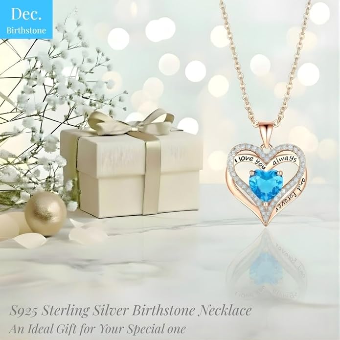 Birthstone Heart Necklace for Women Wife Girlfriend Mom Daughter Gifts S925 Silver Jewelry For Anniversary Rose Gold Gifts For Birthday Christmas Mothers Valentines Day
