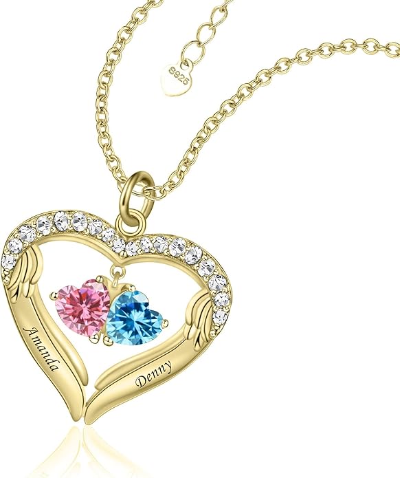JOBFLY S925 Sterling Silver Customized 2 Birthstone Heart Necklace with 2 Name Engraved Personalized Mother Daughter Necklace Couple Jewelry Christmas Birthday Gift