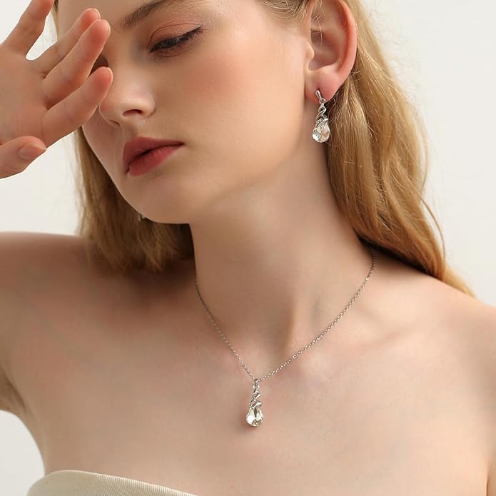 RUOFFETA Teardrop Crystal Jewelry Set, Birthstone Pendant Necklace Drop Dangle Earrings for Women