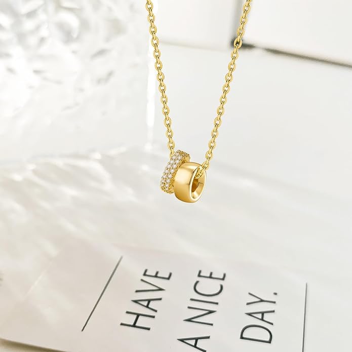 OGD Layered CZ Rondelle Pendant Necklaces for Women, 14K Gold Plated Trendy Mariner Chain Dainty Circle Rondelle Pendant Choker Necklace for Women Two-Toned Cubic Zirconia Gold Necklace