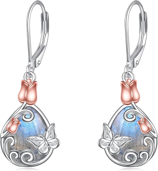 AOBOCO Butterfly/Dragonfly/Bee/Ladybug Leverback Earrings 925 Sterling Silver Rose Lotus Tulip Flower Filigree Dangle Earrings Teardrop Moonstone Larimar Turquoise Abalone Shell Jewelry Birthday Gifts for Women