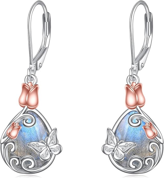 AOBOCO Butterfly/Dragonfly/Bee/Ladybug Leverback Earrings 925 Sterling Silver Rose Lotus Tulip Flower Filigree Dangle Earrings Teardrop Moonstone Larimar Turquoise Abalone Shell Jewelry Birthday Gifts for Women
