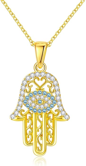 White Gold 14K Gold Plated Necklaces for Women Evil Eye Necklace for Women Girls Evil Eye Hamsa Hand of Fatima Pendant Necklace Good Luck Necklace Jewelry