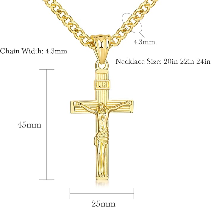Gold Cross Necklace for Men 14K Gold Cross Necklace for Men Crosses Chain Necklaces for Mens Paired with 4.3mm Cuban Chain Crucifix Pendant Mens Crosses Necklaces 20/22/24in