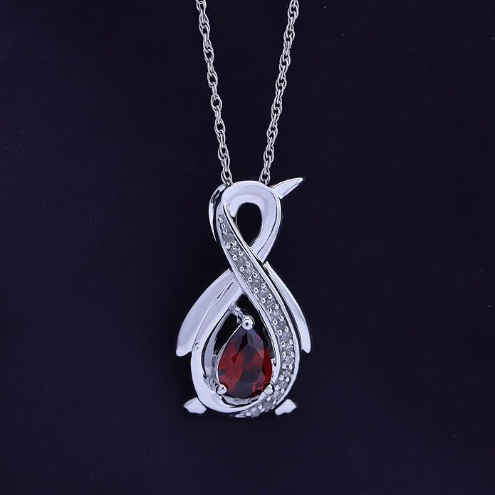 Infinity Penguin Pendant Necklace for Women, 14K Gold Over Sterling Silver with Pear & Round Cut Simulated Birthstone & White Diamond Accents, Dainty Animal Jewelry Gift with 18" Chain