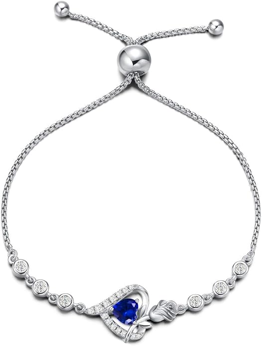 AGVANA Rosy Reverie Birthstone Bracelet for Women Sterling Silver Genuine or Created Gemstone Tennis Bracelet Rose Heart Jewelry Anniversary Birthday Gifts for Women Mom Wife Her