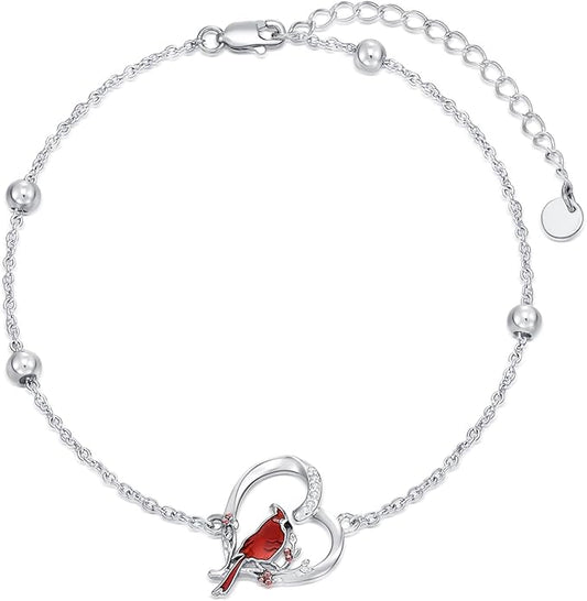 Red Cardinal Bracelet with Diamond 925 Sterling Silver Cardinal Bracelet for Women Cardinal Jewelry Gift for Her Anniversary Birthday Christmas