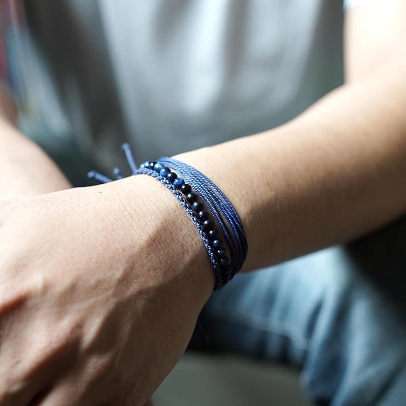 Handmade Natural Stone Beaded Healing Bracelet Gift for Men Adjustable Rope String Bracelet (Tiger Eye（BLUE）, Adjustable)