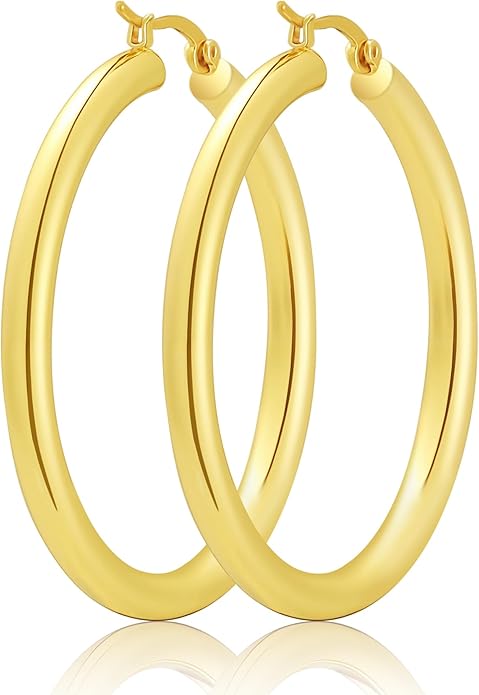 Hoop Earrings for Women, 18K Gold Plated Hoops Earrings, Hypoallergenic Lightweight Comfort Hollow Tube Hoops with Secure Push Lock, Chunky and Sleek Gold Hoops Large Earrings 20/30/40/50/60MM