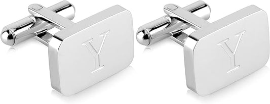 18K White-Gold Plated Initial Engraved Stainless Steel Men’s Cufflinks With Gift Box -Personalized Alphabet Letter’s A-Z By Lux & Pair