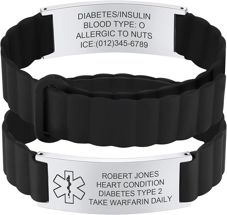 Comfortable Medical ID Bracelet for Men & Women - Custom Engraved Silicone Strap Comfort Fit Medical Alert Bracelets for Sports,Adjustable Waterproof Customizable Wristband for Diabetic
