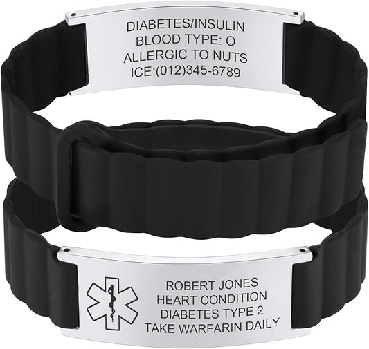 Comfortable Medical ID Bracelet for Men & Women - Custom Engraved Silicone Strap Comfort Fit Medical Alert Bracelets for Sports,Adjustable Waterproof Customizable Wristband for Diabetic