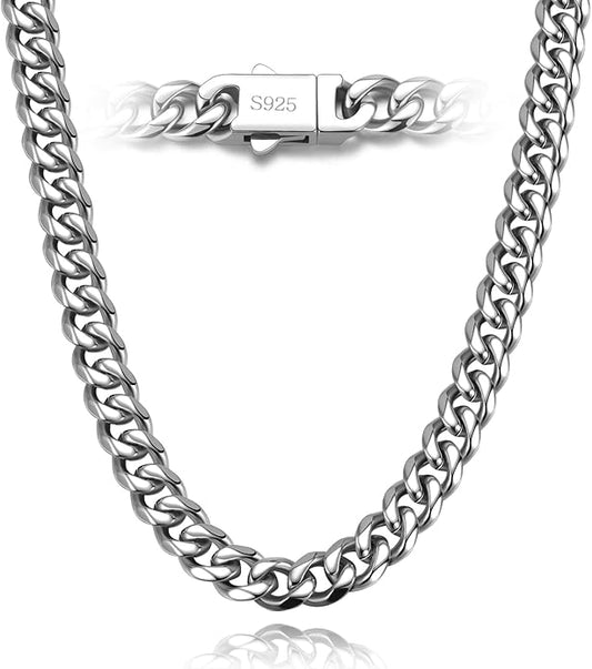 catonmoon 7mm Miami Cuban Link Chain Necklace for Men And Women, 316l Stainless Steel And 925 Sterling Silver Filled, Available In 18/20/22/24/26/28/30 Inches Silver Chain for Men Necklace