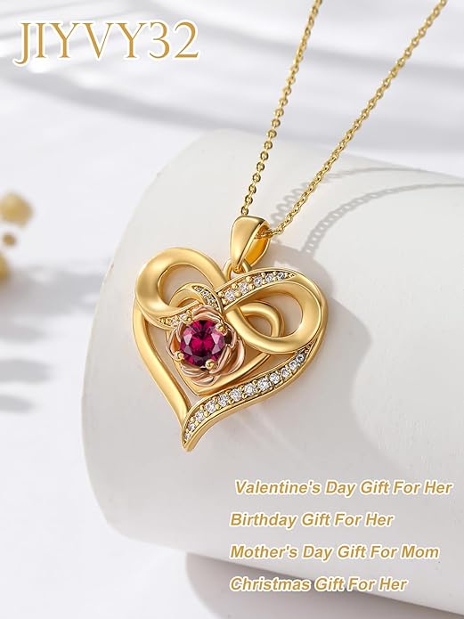 Infinite Heart Birthstone Necklaces for Women Gold Plated Pendant Wedding Anniversary Birthday Gift for Wife Her Mom Grandma Daughter Jewelry with Round Birthstone