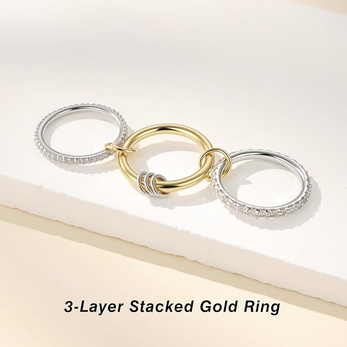 Emibele 14K Gold Plated Stackable Rings for Women, Interlocking Non Tarnish Gold Rings, Silver Dainty Cubic Zirconia Bands, Two-Toned Mixed Metal Stacking Band, Trendy Jewelry Gifts for Women