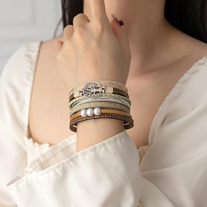 Rantanto Braid Leather Wrap Bracelet Trendy Stackable Crystal Cuff Boho Gold Heart Bracelet Jewelry Gift For Women