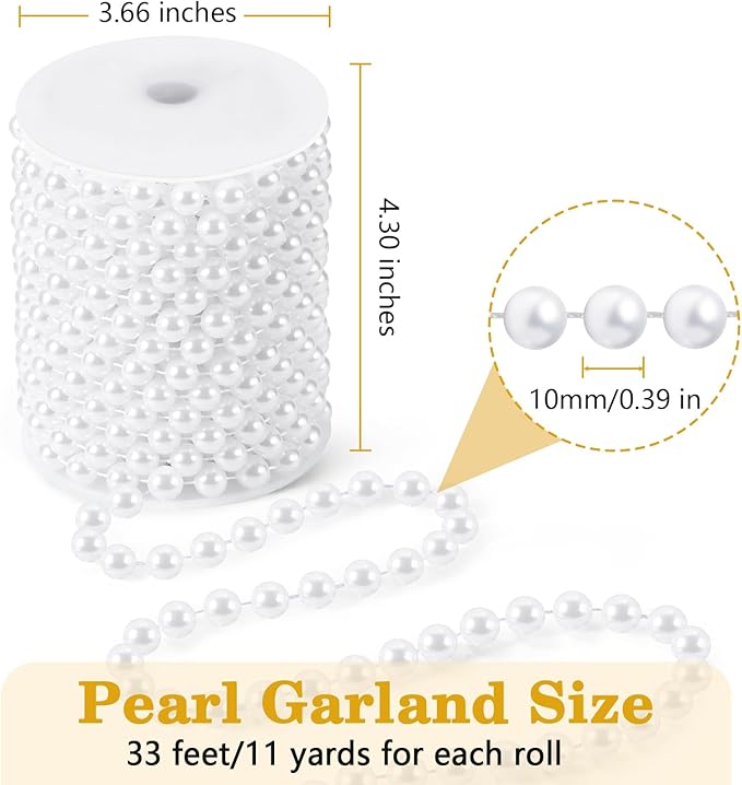 33 Feet Faux Pearl Garland, 10mm Pearl String Roll Strands, Extended String of Pearls Garland for Christmas Tree Wedding Party Decoration Centerpieces Flowers DIY Crafts (White)