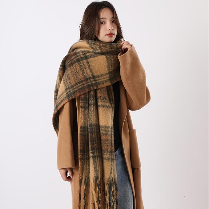 SHOHOKU Large Chunky Plaid Scarf Coloured Checked Oversized Scarf Tassel Soft Fall Winter Thick Warm Shawl Women