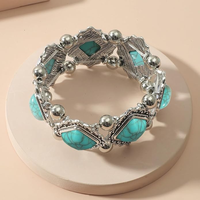 Bohemian Turquoise Necklace Set - Women's Western Jewelry with Long Choker, Pendant, Dangle Earrings, Layered Bracelets