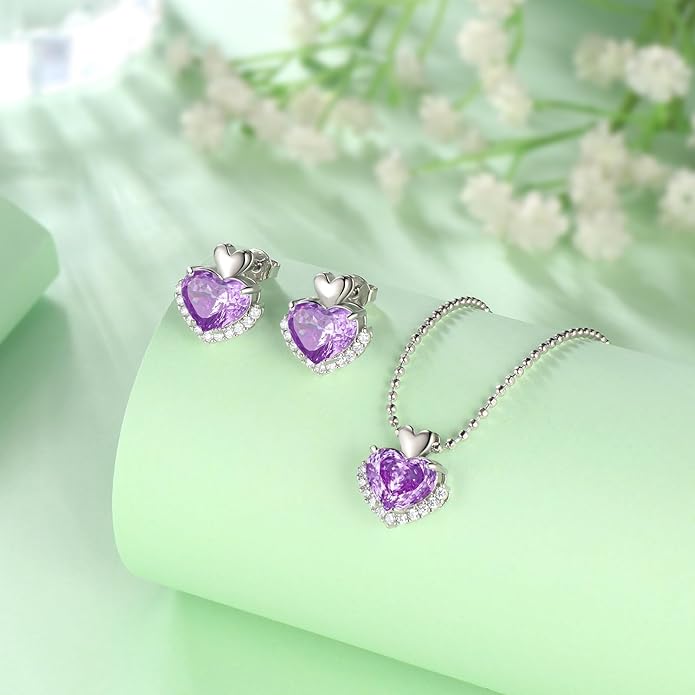 Ydou Love Heart Necklaces and Earrings with Rose Cut Birthstone Silver Plated Elegant Jewelry Set for Women CS0002