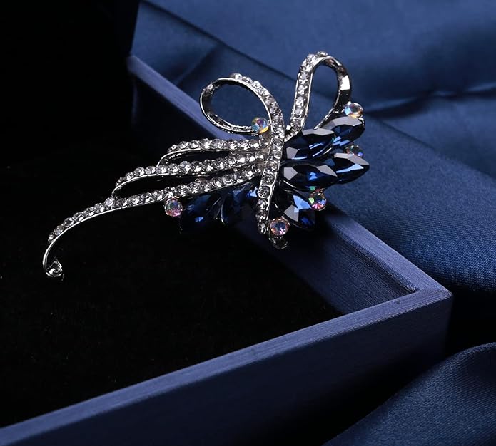 Blue Crystal Brooch Pins Fancy Vintage Style Rhinestone Flower Brooches Jewelry Gift for Women, girls, ladies