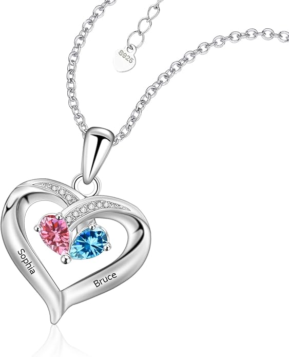JOBFLY S925 Sterling Silver Customized 2 Birthstone Heart Necklace with 2 Name Engraved Personalized Mother Daughter Necklace Couple Jewelry Christmas Birthday Gift
