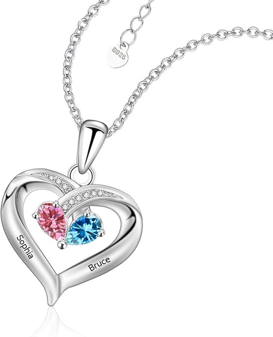JOBFLY S925 Sterling Silver Customized 2 Birthstone Heart Necklace with 2 Name Engraved Personalized Mother Daughter Necklace Couple Jewelry Christmas Birthday Gift