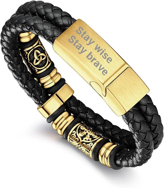 Bandmax Mens Black Double Wax Rope Cuff Bracelets Waterproof Stainless Steel Norse Style Celtic Knot Beads Bracelet Wristband Gift for Men