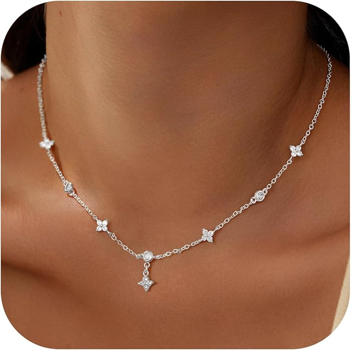 M MOOHAM Gold Clover Heart Pearl Butterfly Star flower Choker Necklace for Women - Dainty 14K Gold Plated Cubic Zirconia Cute Station Necklaces for Women Trendy Prom Jewelry Gifts