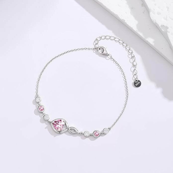 Infinity Birthstone Bracelet 925 Sterling Silver Heart Love Infinity Link Bracelet Fine Jewelry Birthday Christmas Gifts for Women Girlfriend Wife