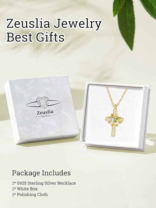 Zeuslia Double Birthstone Necklace Gifts for Wife - 925 Sterling Silver Sunflower/Rose/Crown Cross/Compass/Heart Pendant I Love You Necklace, Anniversary Birthday Gifts for Wife Girlfriend Mom Her