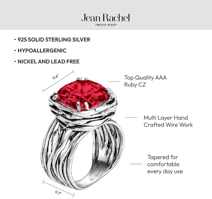 JEAN RACHEL JEWELRY 925 Sterling Silver Ring - Wrap Vintage Design with Cushion Shaped Cubic Zirconia - Hypoallergenic, Lead & Nickel Free - Artisan Handcrafted Statement Rings for Women