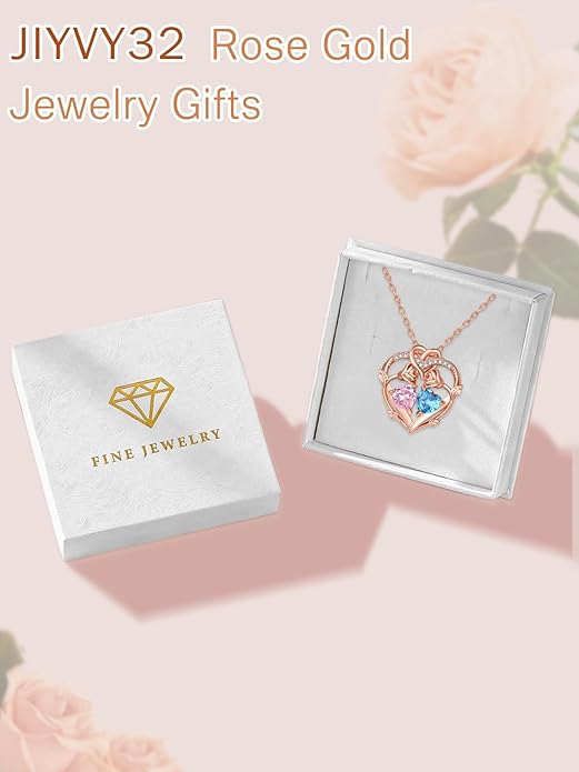 Rose Gold Necklaces for Women Double Birthstone Rose Flower Heart Pendant Necklace Jewelry Anniversary Christmas Valentine's Mother's Day Birthday Gift for Wife Mom Her Girlfriend Sister