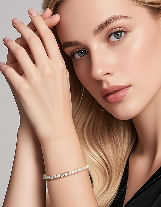 KRKCLIFE Tennis Bracelets for Women Men, 14K Gold Plated Hypoallergenic Classic Round AAAAA Cubic Zirconia, 3/4/5mm Width, Elegant Jewelry Anniversary Birthday Gifts for Her Him Wife Mom 6.5-8 Inch
