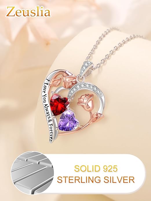 Zeuslia Double Birthstone Necklace Gifts for Wife - 925 Sterling Silver Sunflower/Rose/Crown Cross/Compass/Heart Pendant I Love You Necklace, Anniversary Birthday Gifts for Wife Girlfriend Mom Her