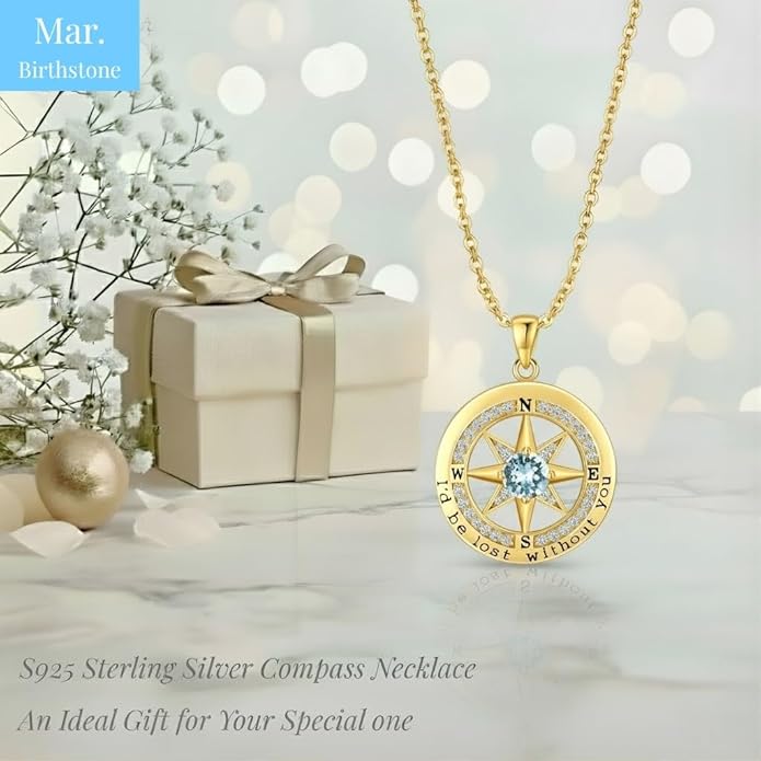 Compass Necklace for Women Wife Girlfriend Mom Daughter Gifts S925 Silver Jewelry For Anniversary Rose Gold Gifts For Birthday Christmas Mothers Valentines Day 12 Birthstones