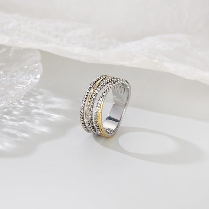 2 Tone 14K Gold & Silver Plated Ring, Wide Intertwined Crossover Statement Chunky Gold Rings Vintage Fashion Band Rings for Women Designer Jewelry Gifts